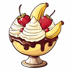 Delicious Ice Cream Sundae Bowl with Strawberries, Bananas, and Whipped Cream - Tasty Dessert for Summer Indulgence in Vibrant Illustration Art