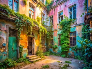 Fototapeta premium A Dreamlike Exploration of an Abandoned Urban Landscape Pastel Hues and Soft Light Paint a Story of a