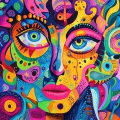 Colorful abstract portrait depicts a creative face full of detail