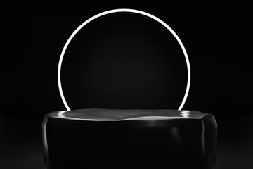 Dark black rock podium for product show case, for cosmetic product display stand with minimalist black background and soft lighting and shadows, modern architectural backdrop, 3d rendering