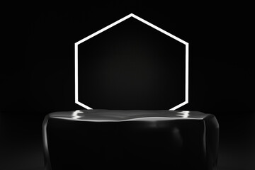 Dark black rock podium for product show case, for cosmetic product display stand with minimalist black background and soft lighting and shadows, modern architectural backdrop, 3d rendering