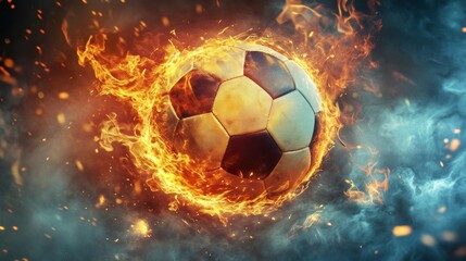 Fototapeta premium Fiery soccer ball engulfed in flames and smoke, dynamic action shot.