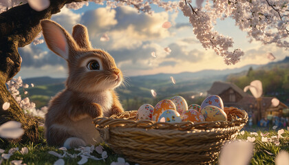 Cute Easter Bunny with Decorated Eggs in Spring Landscape
