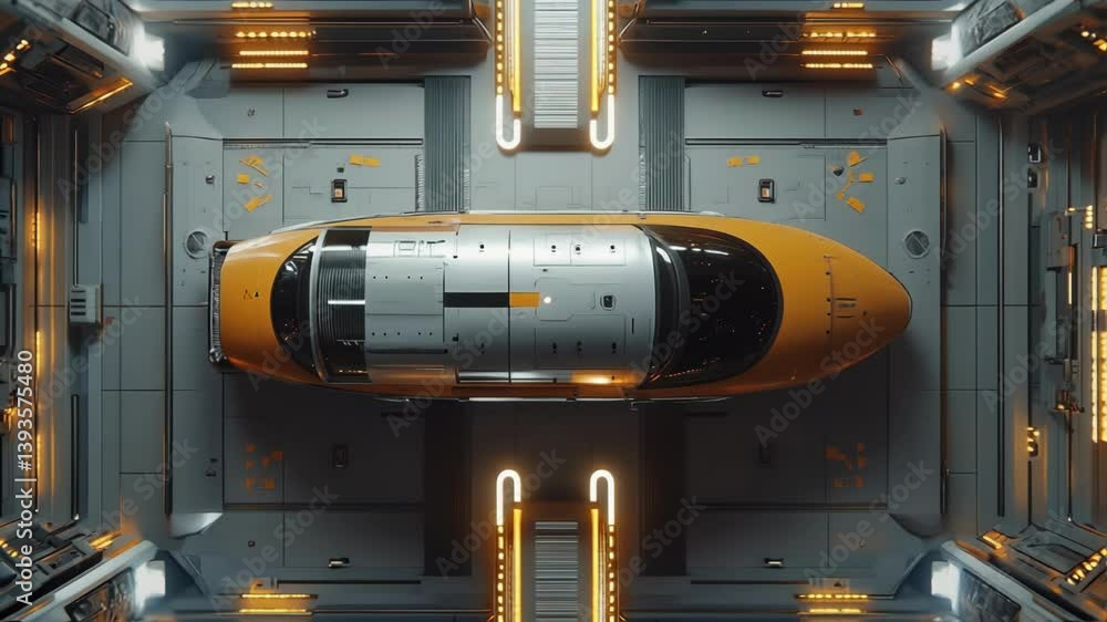 Poster sleek yellow and gray spaceship descending into brightly illuminated space station hangar, revealing