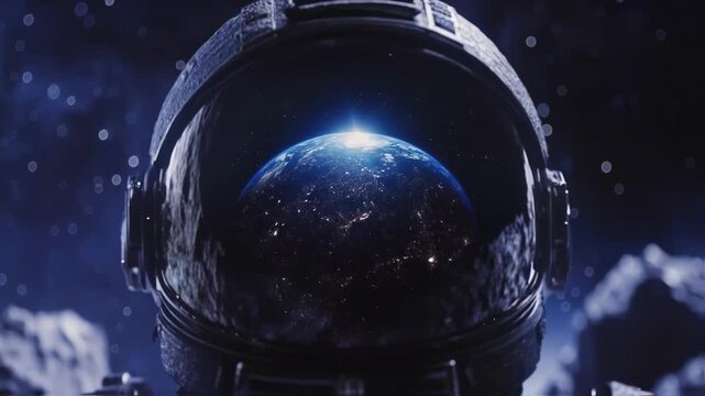 Astronaut in space observes earth through their helmet visor, with city lights visible on the dark side of the planet and the sun rising over the horizon
