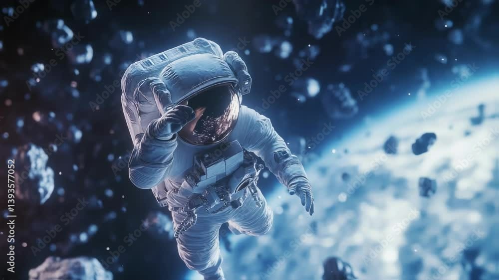 Poster astronaut floats in the vast expanse of space, adjusting their helmet while navigating a field of as