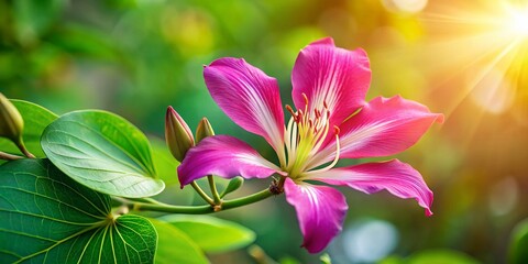 Exquisite Closeup of a Pink Bauhinia Blakeana Flower with Vibrant Green Foliage A Stunning Botanical Detail