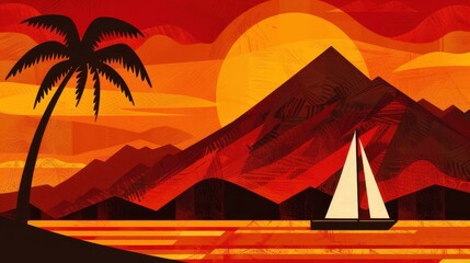 Discover a retro vector illustration of serene landscapes, featuring geometric patterns and vintageinspired ocean themes.