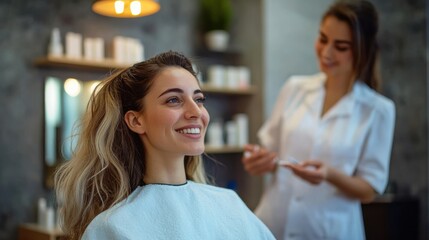 A woman in a beauty salon discussing hair loss treatment with a professional stylist