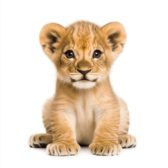 Obraz premium Adorable lion cub with fluffy fur, showcasing its playful nature against a crisp white background. Perfect for wildlife lovers