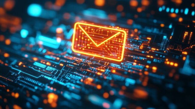 Glowing email icon on a digital circuit board.