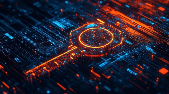Abstract digital search key glowing on circuit board.