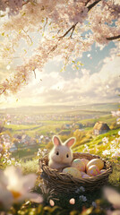 Fluffy Easter Bunny in Basket with Eggs under Cherry Blossoms
