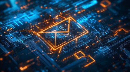 Glowing digital email symbol on circuit board.