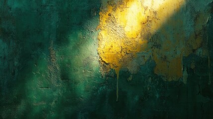 Textured, emerald green and gold abstract background with a distressed, mottled surface. Dramatic lighting creates depth and contrast