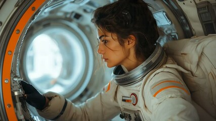 A young female astronaut inside her spacecraft gazes out into the vastness of space, admiring the stars above
