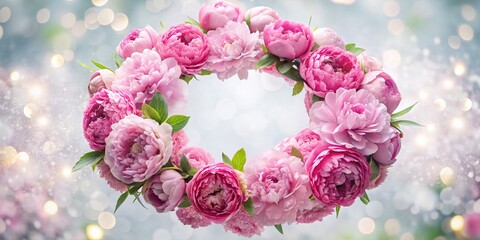 Delicate Pink Peony Wreath A Spring Floral Flat Lay with Bokeh Background for a Romantic Aesthetic
