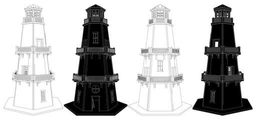 Antique Wooden Lighthouse Vector. A Vector Illustration Of Architectural Construction Isolated On White Background.
