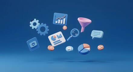 Digital marketing icons floating on blue digital photo