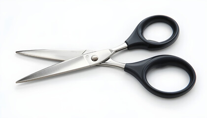 Fototapeta premium Open scissors with black handles and silver blades on white surface