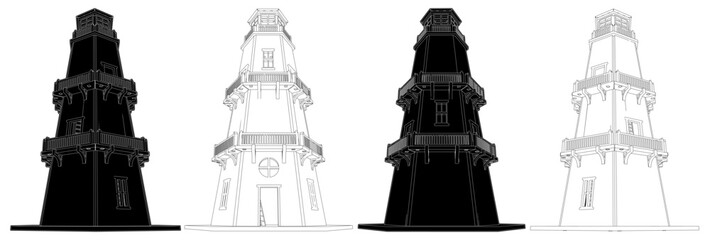 Antique Wooden Lighthouse Vector. A Vector Illustration Of Architectural Construction Isolated On White Background.