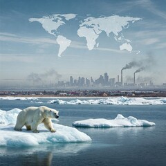 polar bear on ice, global warming, world map, challenges