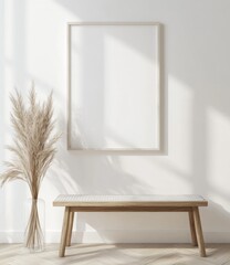 Minimalist entryway with a framed canvas and a wooden bench.  A natural-toned space