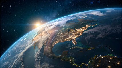 A high-definition satellite image captures Earth at night, illuminated by glowing city lights,Sunrise illuminating Earth's atmosphere, revealing continents, oceans, and city lights from space.


