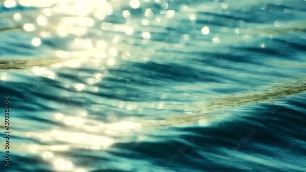 Poster serene water surface sparkles under sunlight, creating calm atmosphere with beautiful bokeh reflecti