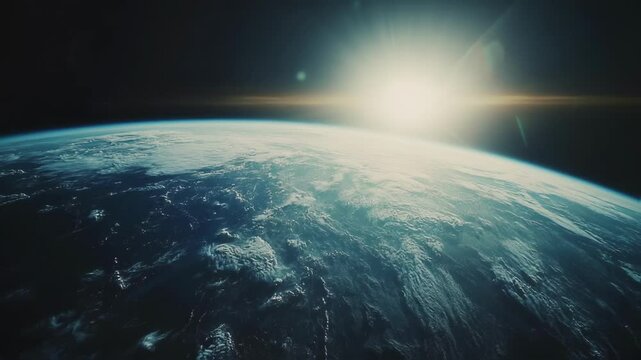 Earth rotates slowly in the vastness of space, sun shining brightly and illuminating its surface, creating a breathtaking view of our planet's beauty and fragility