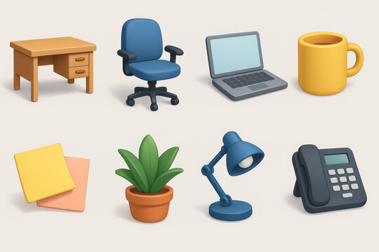 Colorful office essentials icon set in 3d style featuring laptop, coffee mug, desk