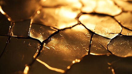 Close-up of cracked golden surface reflecting light creating an abstract pattern with bright and dark areas