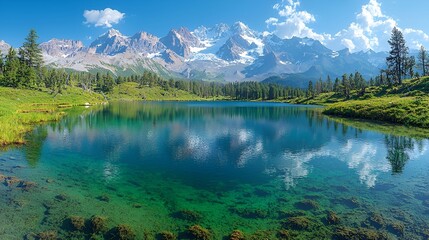 Alpine lake reflecting majestic mountains