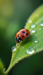 Obraz premium Ladybug in a Dewy Spiral