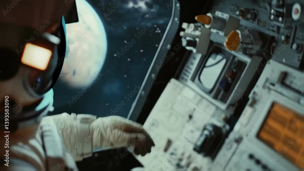 Poster astronaut manipulates controls on a complex panel inside a spacecraft, illuminated by the glow of mo