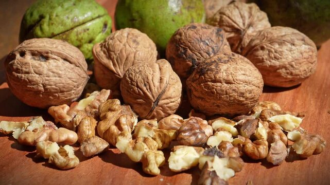 Freshly harvested walnuts panned on wooden board showing shelled and unshelled nuts in rustic natural setting
