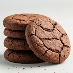 Stack of four chocolate cookies close up view on a white background