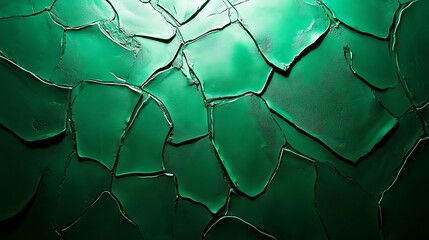 Close-up of irregular green cracked surface with intricate texture and lighting highlights creating a visually striking pattern and depth