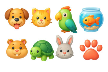 Charming 3d icons set of adorable pets with vibrant colors and playful designs