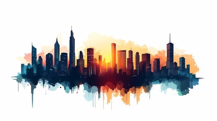 Obraz premium Sunset Cityscape Skyline: Vibrant Watercolor Illustration of a Modern Urban Architecture