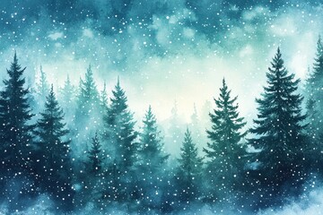 Winter wonderland scene showcasing snow falling on forest trees
