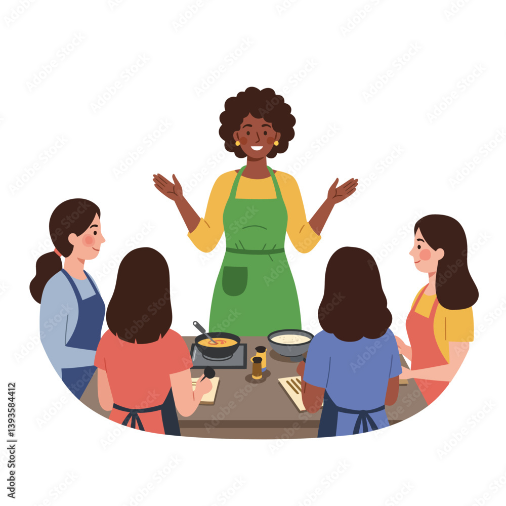 Poster cooking class scene with instructor and students in flat vector art style