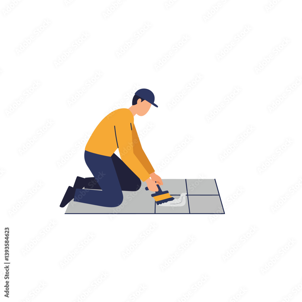Poster man applying adhesive on tiles in flat design vector art