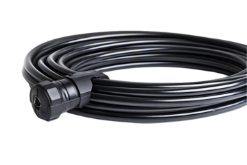 Coiled Black Cable with Secure Connector and Plastic Clamp