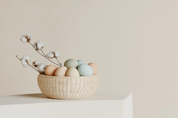 Easter Eggs and Cotton Stems in Woven Basket