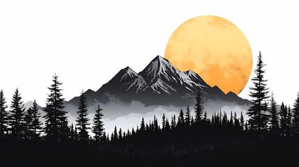Sunset Over Mountain Range: Scenic Forest Silhouette Illustration - Tranquil Nature Art for Peaceful Adventure