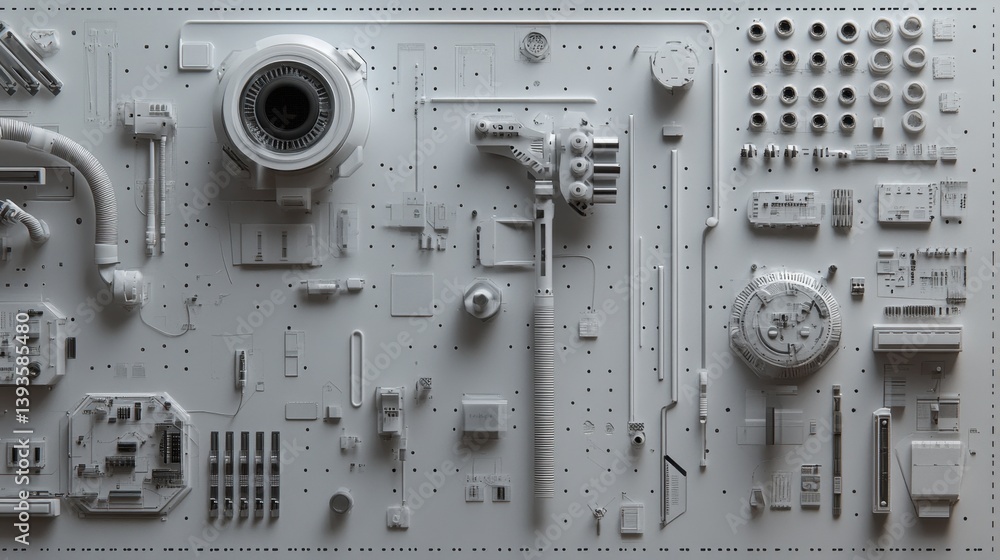 Poster assembly of robotic arm components with sensors, wires, and d schematics on a clean workbench