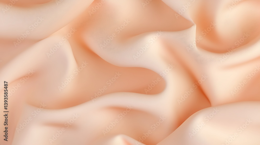 Poster close-up texture of soft, flowing peach fabric with gentle folds and curves, creating an elegant and