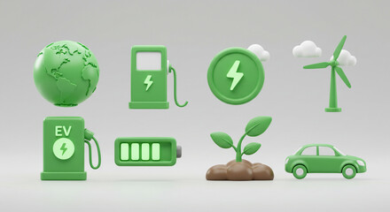 A vibrant green world powered by renewable energy: electric vehicles, wind turbines, and thriving nature, all depicted in charming 3D icons against a soft grey backdrop.