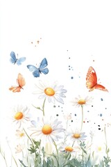 Naklejka premium Delicate watercolor painting depicts beautiful butterflies and white daisies